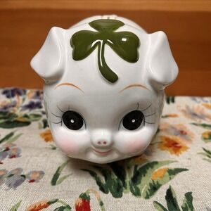VTG Lefton Anamorphic Piggy Bank Ceramic Shamrock Irish Clover St Patrick's Day